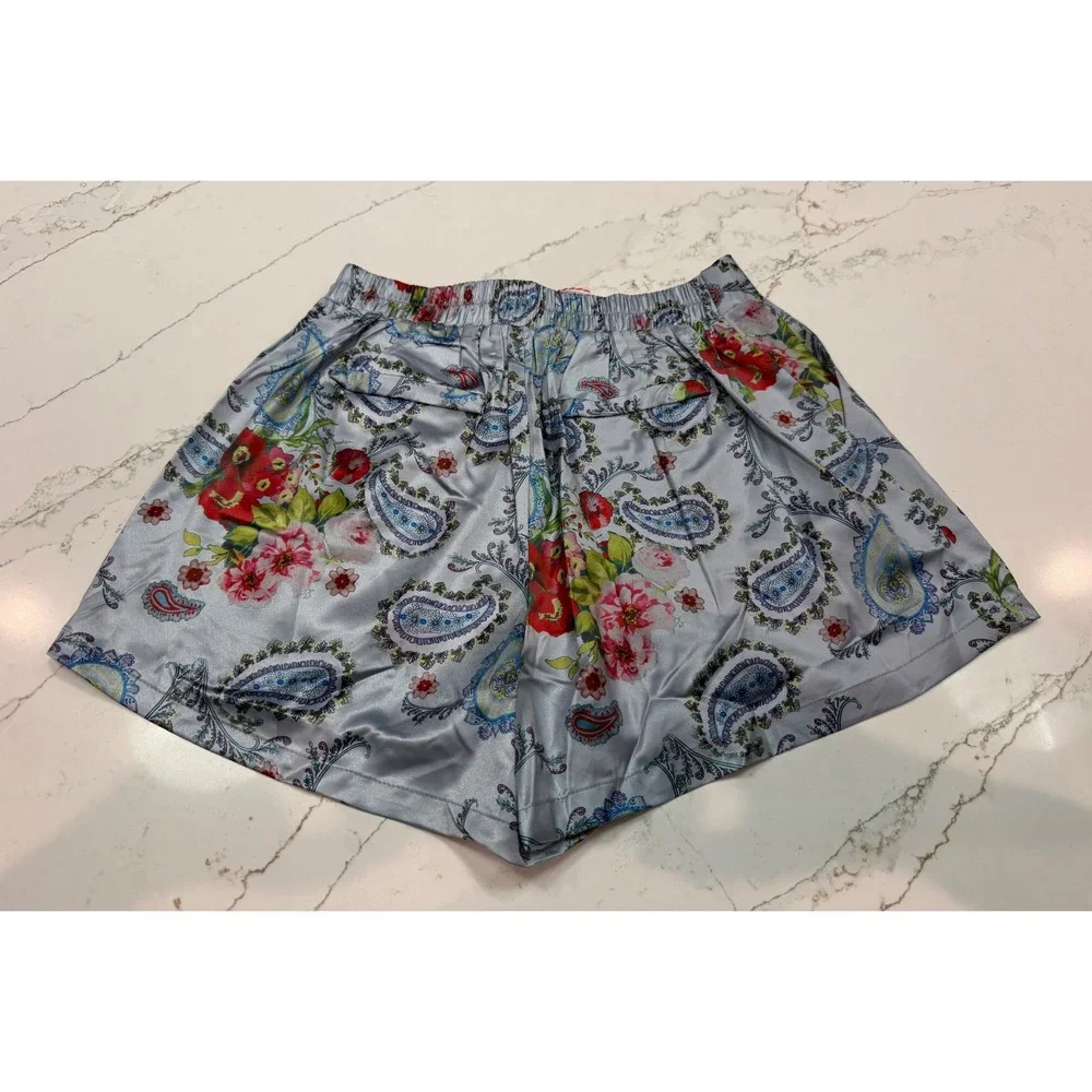 Umgee USA Womens Floral Paisley Satin Shorts Light Blue High Waist Small